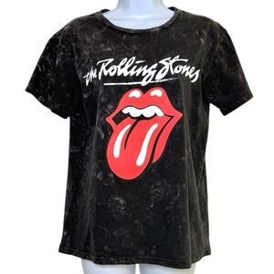 Rolling Stones Graphic Band T-Shirt Dark Gray Black Acid Wash Tongue Logo Med